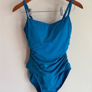 La Blanca Womens Teal Blue Ruched Front One Piece Swimsuit Size 10 LB0AD16